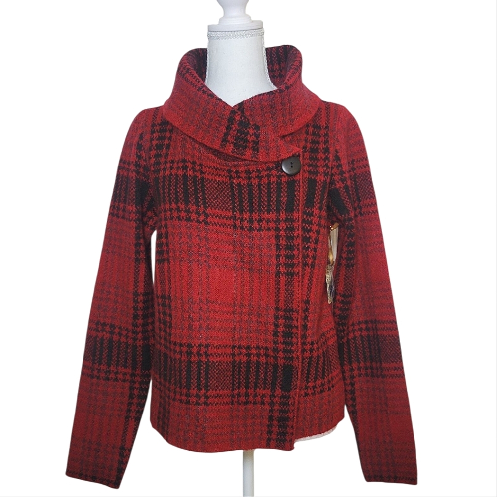 NWT Christian Siriano Plaid Wool Blend Wrap Sweater Cardigan Red & Black MD
